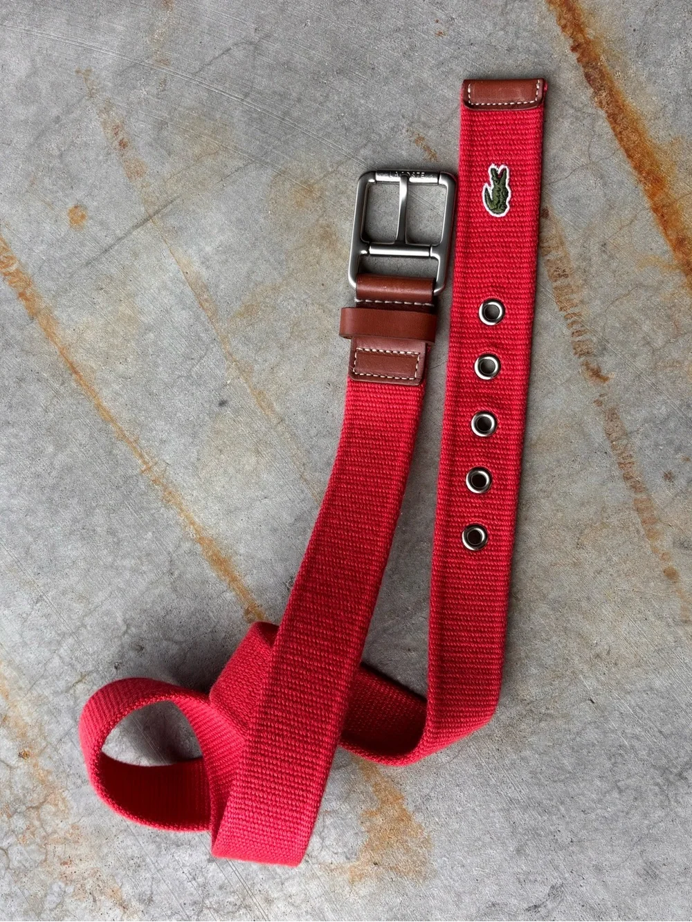 Lacoste Red Canvas Belt Genuine Leather Croc Logo Size 36